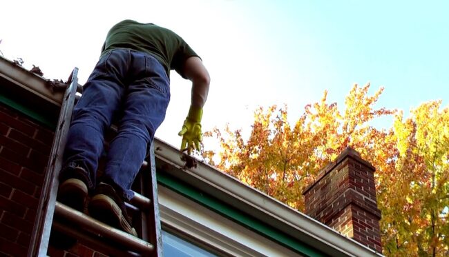 A person in blue jeans and a green shirt cleans the gutters