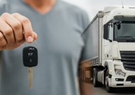 A man holds a key in one hand while standing next to a truck