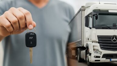 A man holds a key in one hand while standing next to a truck