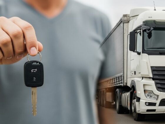 A man holds a key in one hand while standing next to a truck