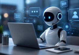 Robot virtual assistant working on a laptop in a modern digital environment.