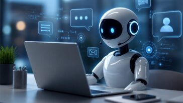 Robot virtual assistant working on a laptop in a modern digital environment.