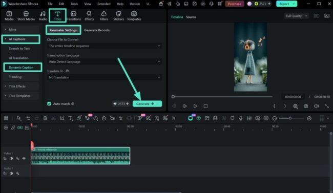 Choose the Dynamic Captions Parameter Settings
