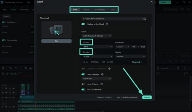 Pick the Export Settings on Filmora