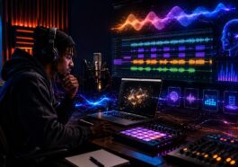 Rap artist producing an AI-generated track in a modern recording studio