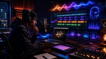 Rap artist producing an AI-generated track in a modern recording studio