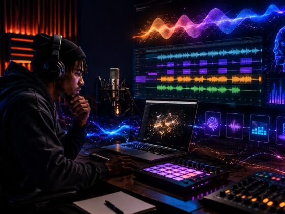 Rap artist producing an AI-generated track in a modern recording studio