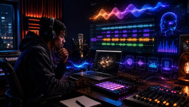 Rap artist producing an AI-generated track in a modern recording studio