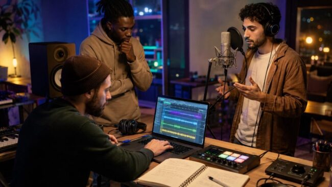 Music creators testing and refining rap tracks in a recording studio