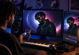 Music artist reviewing consistent promotional artwork across a computer monitor and smartphone before video animation.