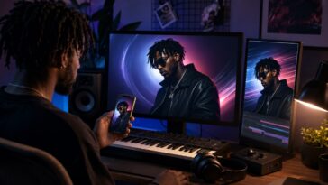 Music artist reviewing consistent promotional artwork across a computer monitor and smartphone before video animation.