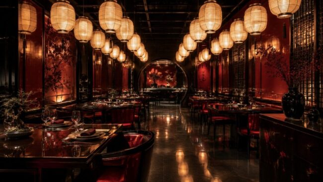 Chinese-inspired restaurant interior with rows of glowing paper lanterns and reflective red and black lacquer surfaces.