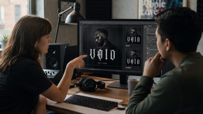 Two designers reviewing sharp and blurred title typography on music promotional artwork.