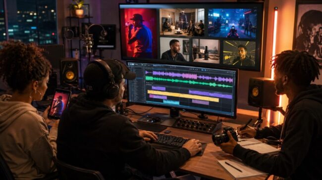 Creative team adapting a rap track for multiple digital content formats