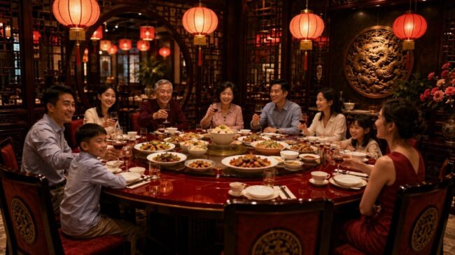 Multigenerational family dining around a large round table with shared dishes in a warmly lit Chinese restaurant.
