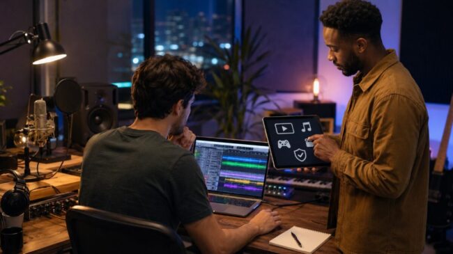 Music creators reviewing licensing and commercial use for a finished track